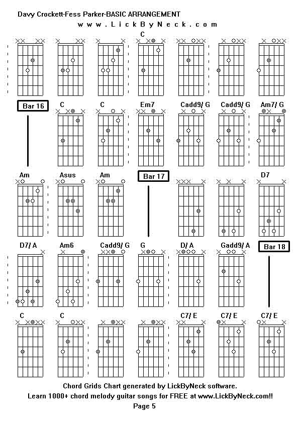 Chord Grids Chart of chord melody fingerstyle guitar song-Davy Crockett-Fess Parker-BASIC ARRANGEMENT,generated by LickByNeck software.